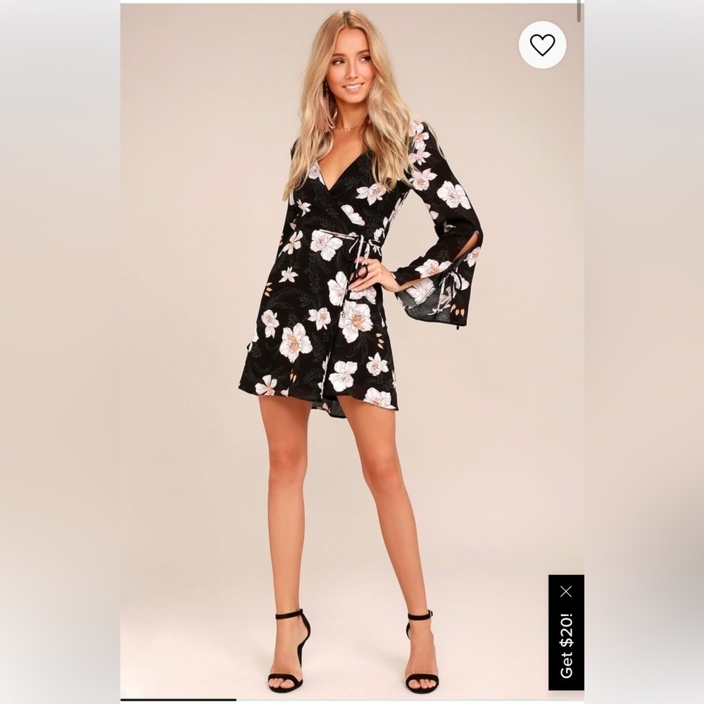 Lulu’s “Bette” Black Floral Print Wrap Dress